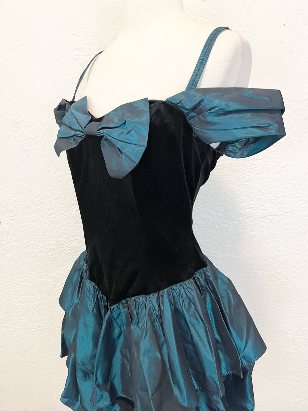 Vintage Mini Dress Black Velvet Teal Blue Taffeta Ruffle HOCO 9 Medium - Picture 7 of 14